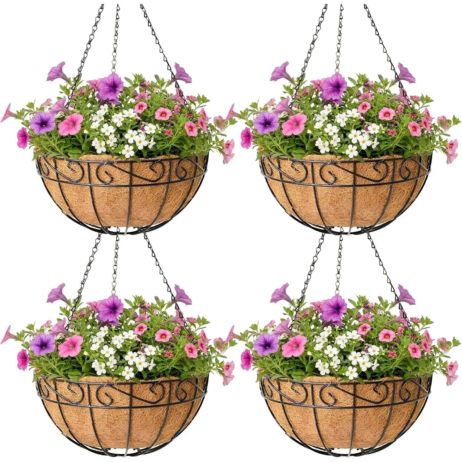 4 Pack Hanging Planter for Outdoor Plants 14 inch Metal Hanging Flower Basket with Coco Coir Liner Round Wire Plant Holder Chain Flower Pots Outdoor Garden Decoration Watering Hanging Baskets