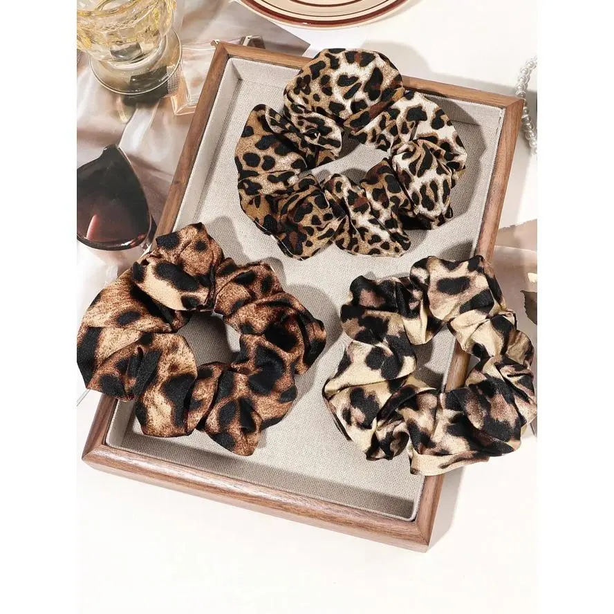 Female Leopard Print Scrunchies Set - 1-Size High-Elastic Indoor Recreation Headwear, Fashion Accessories with Thick Hold, Strong Grip for Everyday & Parties