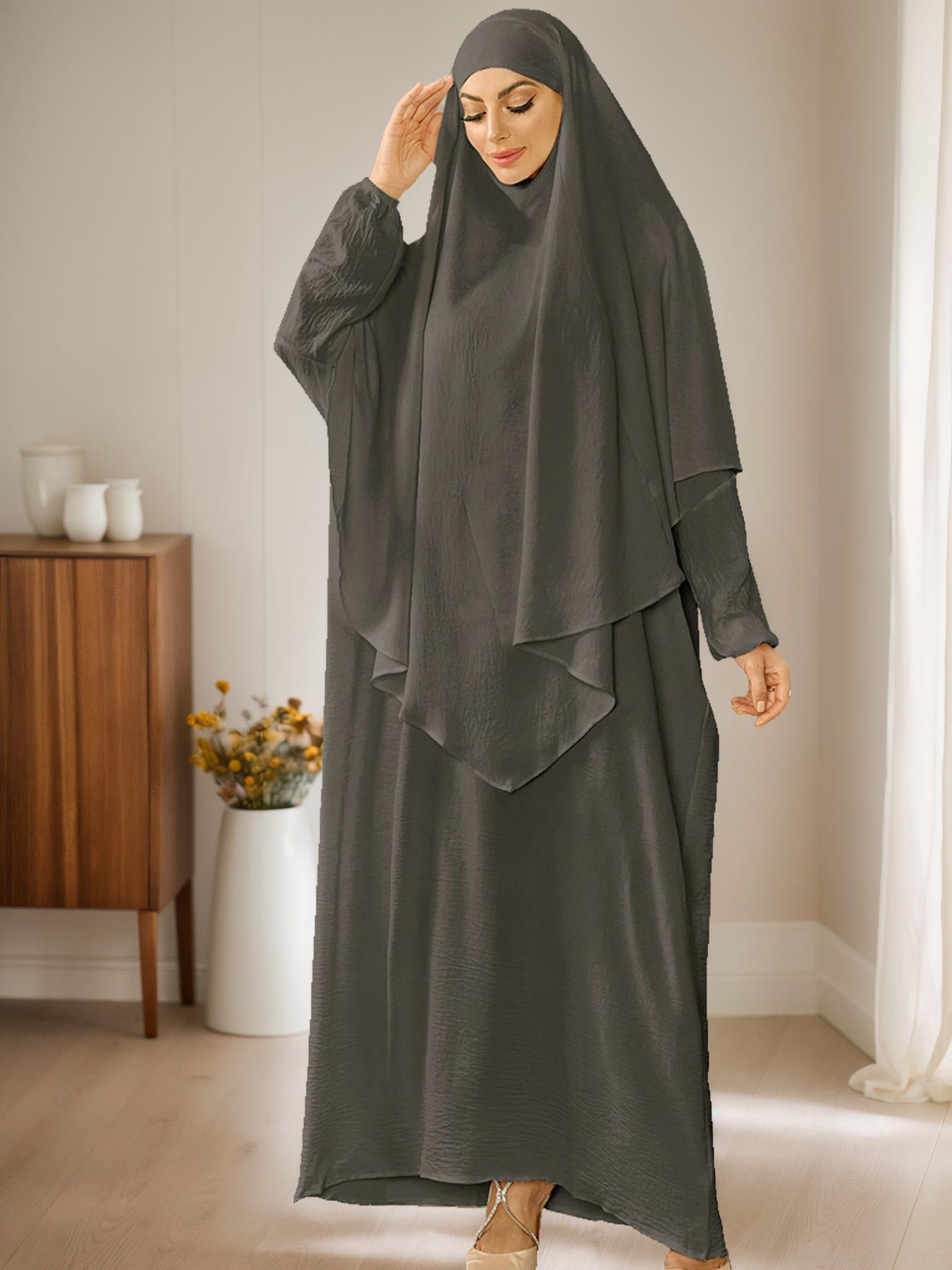 Women's Solid Long Sleeve Abaya & Hijab Set, Modest Fashionable Two-piece Outfits for Women, Women's Islamic Clothing for Daily Wear
