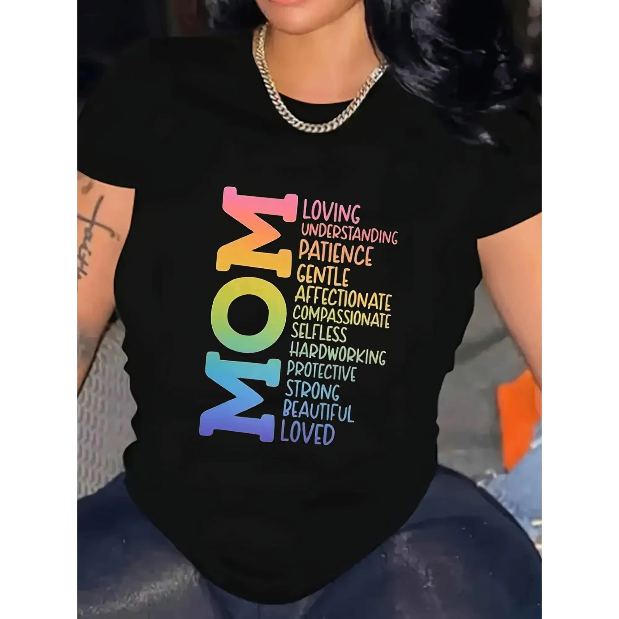 Mother'S Day Tribute T-Shirt - Soft, Casual Crew Neck, Short Sleeve Top with Colorful 'MOM' Print, Machine Washable, Mom Shirts