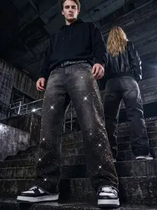 Men's Jeans, High Street Luxury Gradient Starry Rhinestone Jeans, Sparkle Frayed Micro Flare Pants, Unisex Streetwear Long Pants