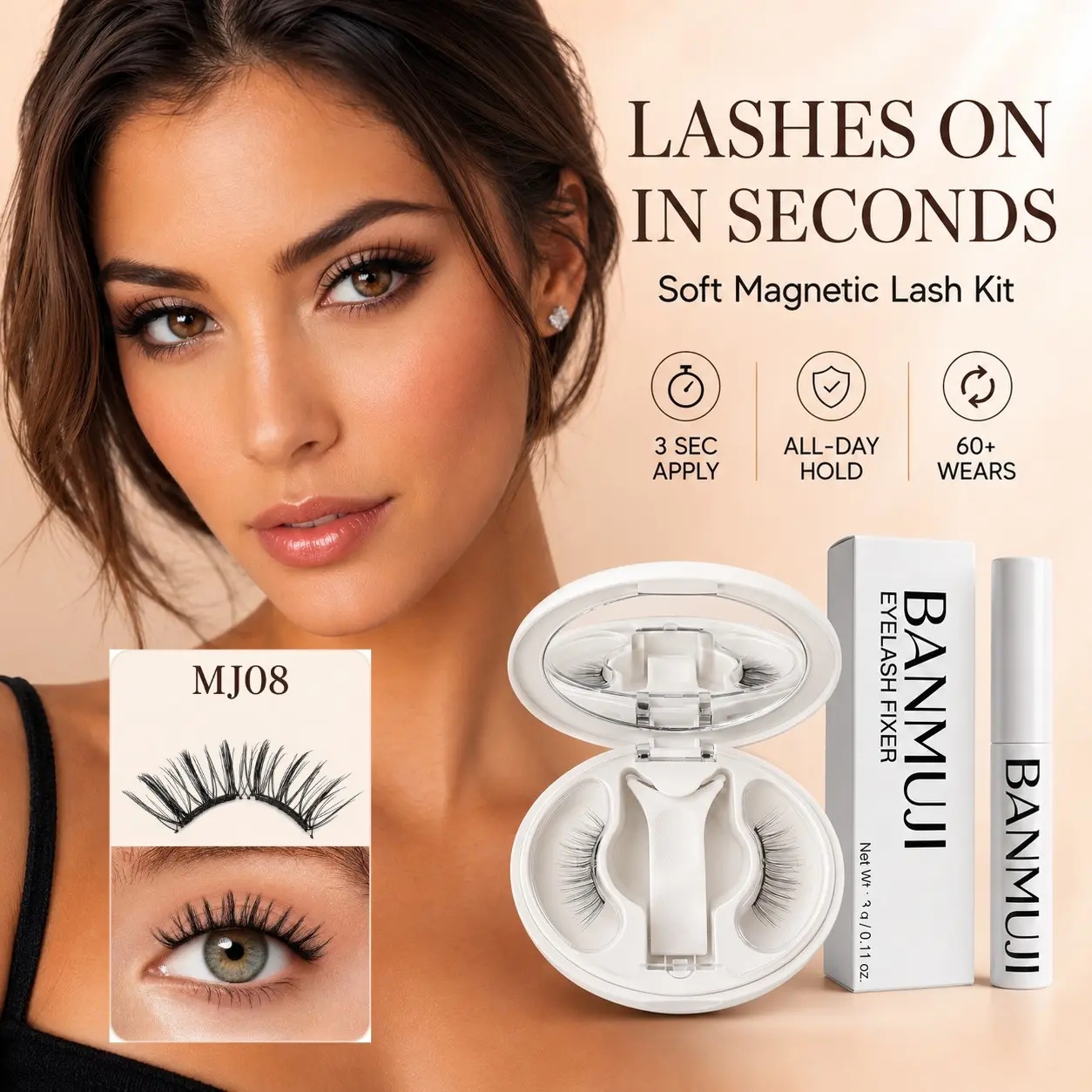 Magnetic Lash Kit with Application Tool, Natural Comic Style, No Glue, Reusable Soft Magnetic Lashes, Easy for Beginners (mj08)