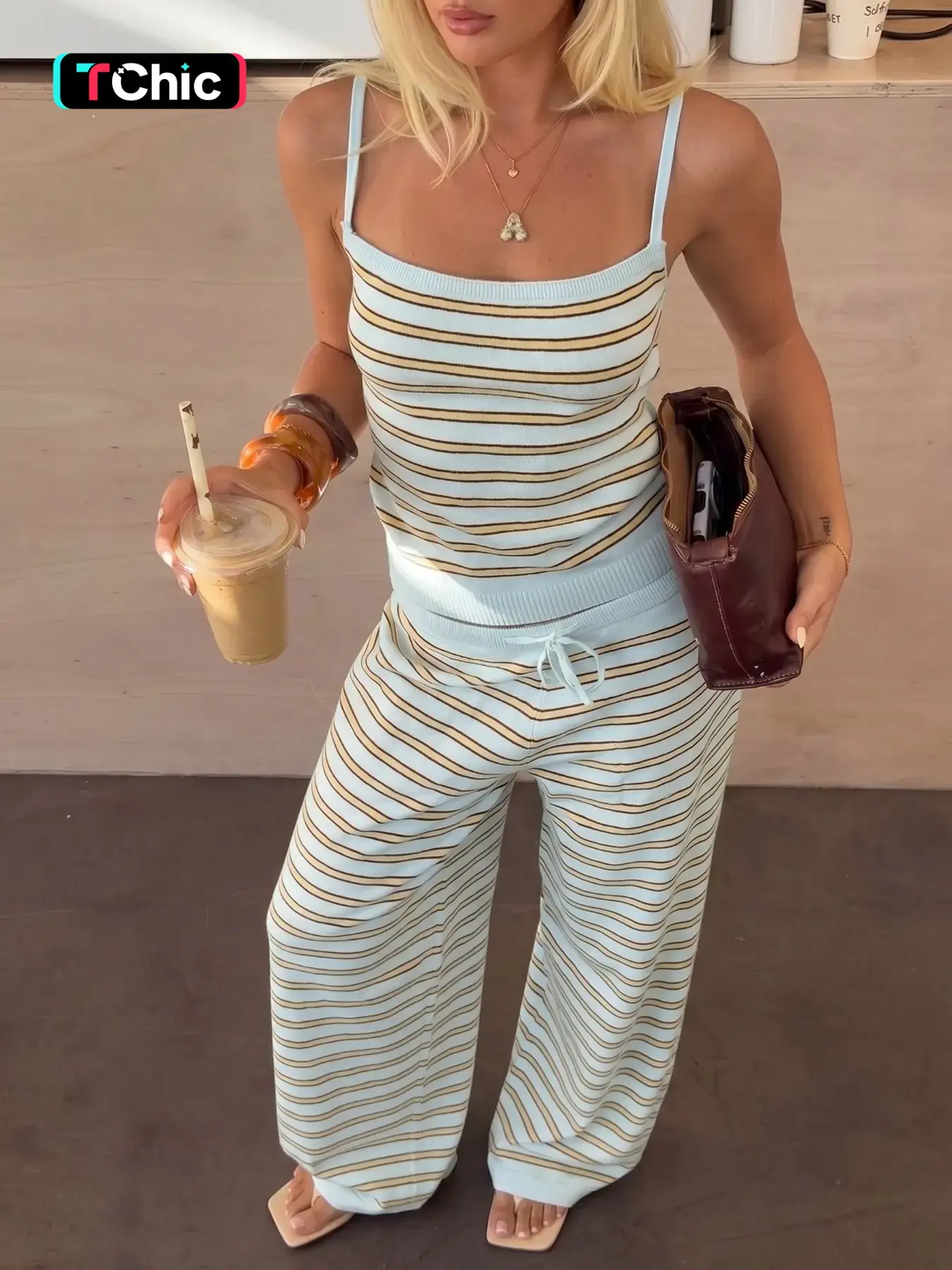 Blue Striped Rib Knit Cami Top and Wide Leg Pants Set Women 2 Piece Lounge Outfit Sleeveless Square Neck Drawstring Waist Casual Boho Matching Set Soft Comfy Summer Vacation Outfit Y2K Chic Streetwear Fashion