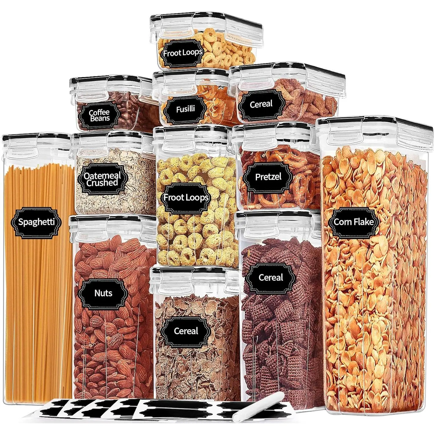 12-Piece Airtight Food Storage Containers with Lids, Stackable Plastic Pantry Organizer Canister Set in 5 Sizes for Cereal, Flour, Rice and Sugar