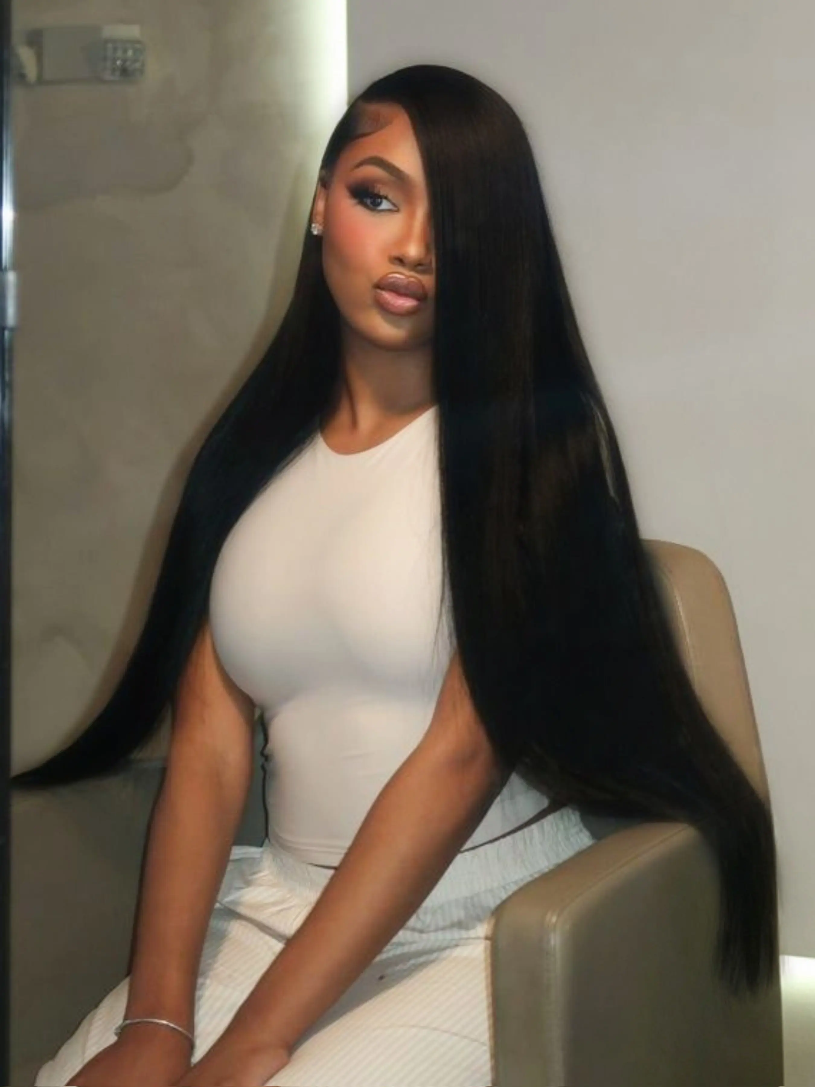 32 Inch Black Long Straight Wig 13x4 Lace Front Wigs Pre-Plucked Natural Hairline Heat Resistant Synthetic Wig Free Part HD Transparent Lace Frontal Wig Black Concert Look Straight Wig Coachella Festival Look Hyperrealism Wig Elegant Wig Heat Friendly Wig