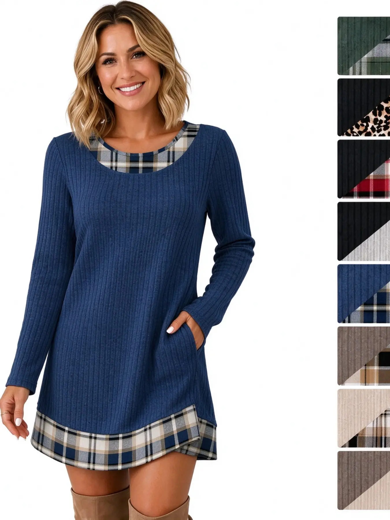 Women's Knitted Long Sleeve Mini Dress, Round Neck, Elastic Fit, Fashion Casual Stretchy, Plaid Patchwork, Fall Casual A-Line Dress, Fashionable and Comfortable