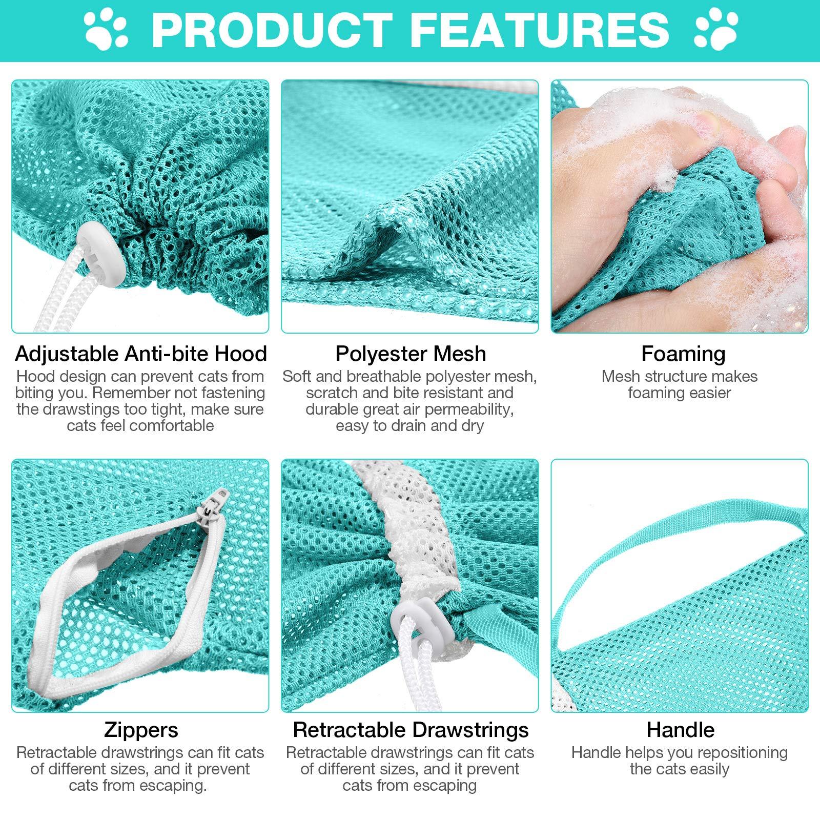 Adjustable Cat Bathing Mesh Bag, Anti-Bite Anti-Scratch Restraint Bag for Grooming, Nail Trimming & Injection, Portable Drawstring Shower Bag for Cats