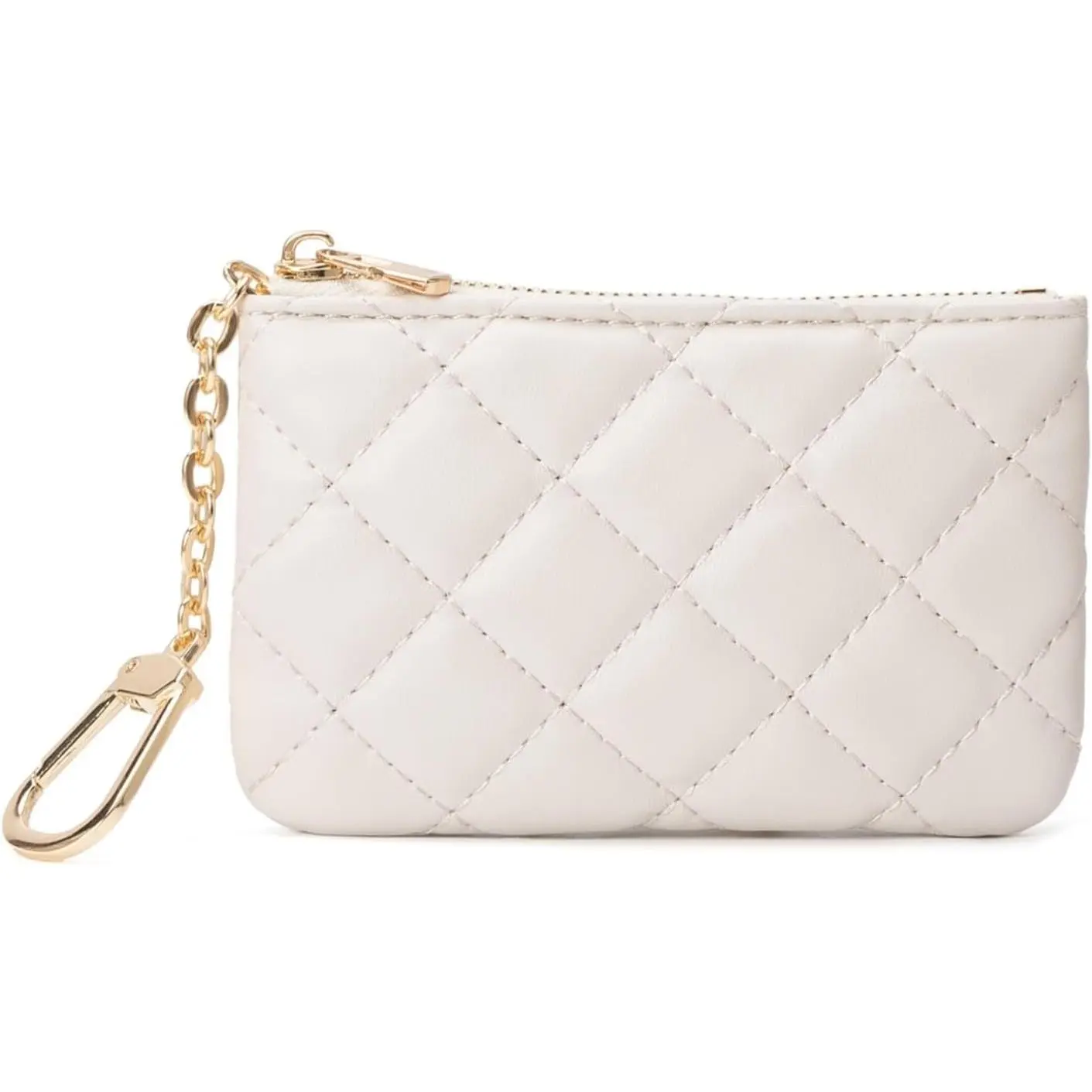 Quilted Leather Coin Purse with Keychain - Small Coin Pouch Key Pouch Small Card Holder Keychain Wallet Change Purse for Women and Men (Creamy-white)