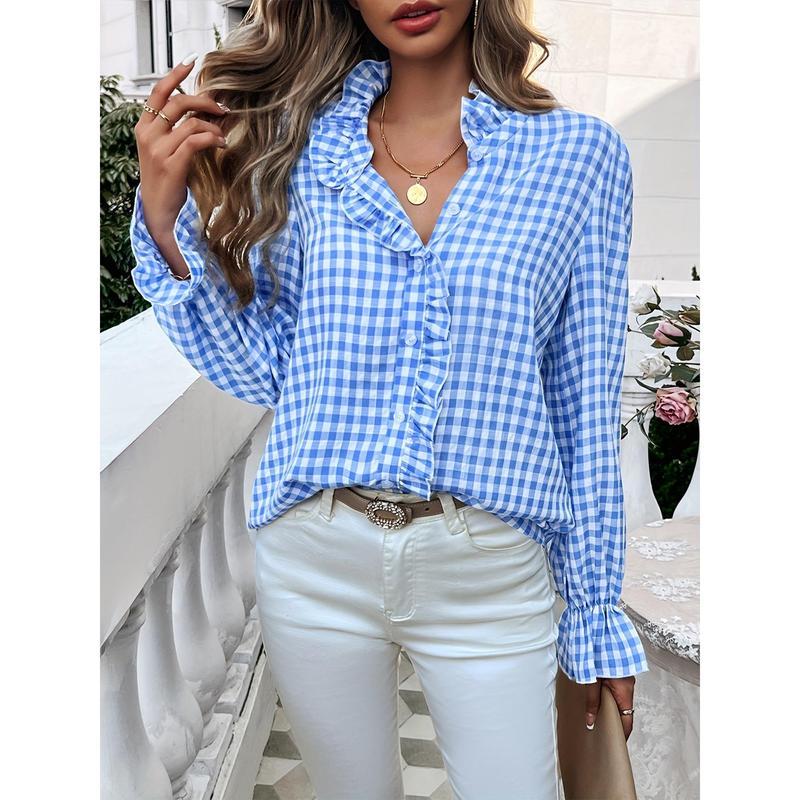 [ Gingham Shirt] Women's Stylish Long Sleeve Gingham Button-Shirt - Light Blue & White Checkered Pattern, Ruffle Detail, Professional Business Look, Machine Washable Cute Fabric