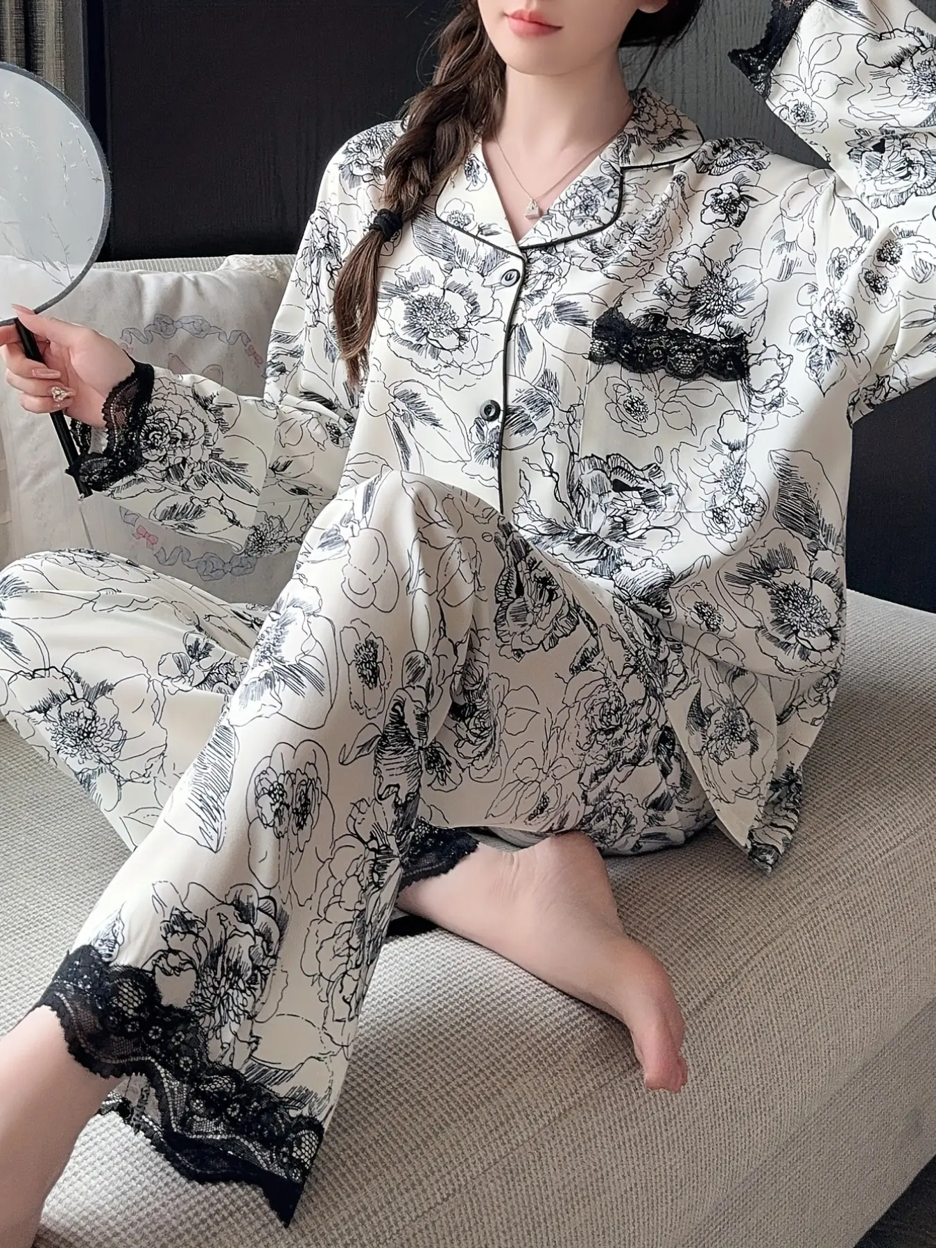 Elegant Chic Long Sleeve Women's Pajama Set, Plant Watercolor Print, Floral, Cozy Loungewear Sleepwear, Comfortable Sleepwear & Loungewear, Open Front Lace Trim, Spring & Fall