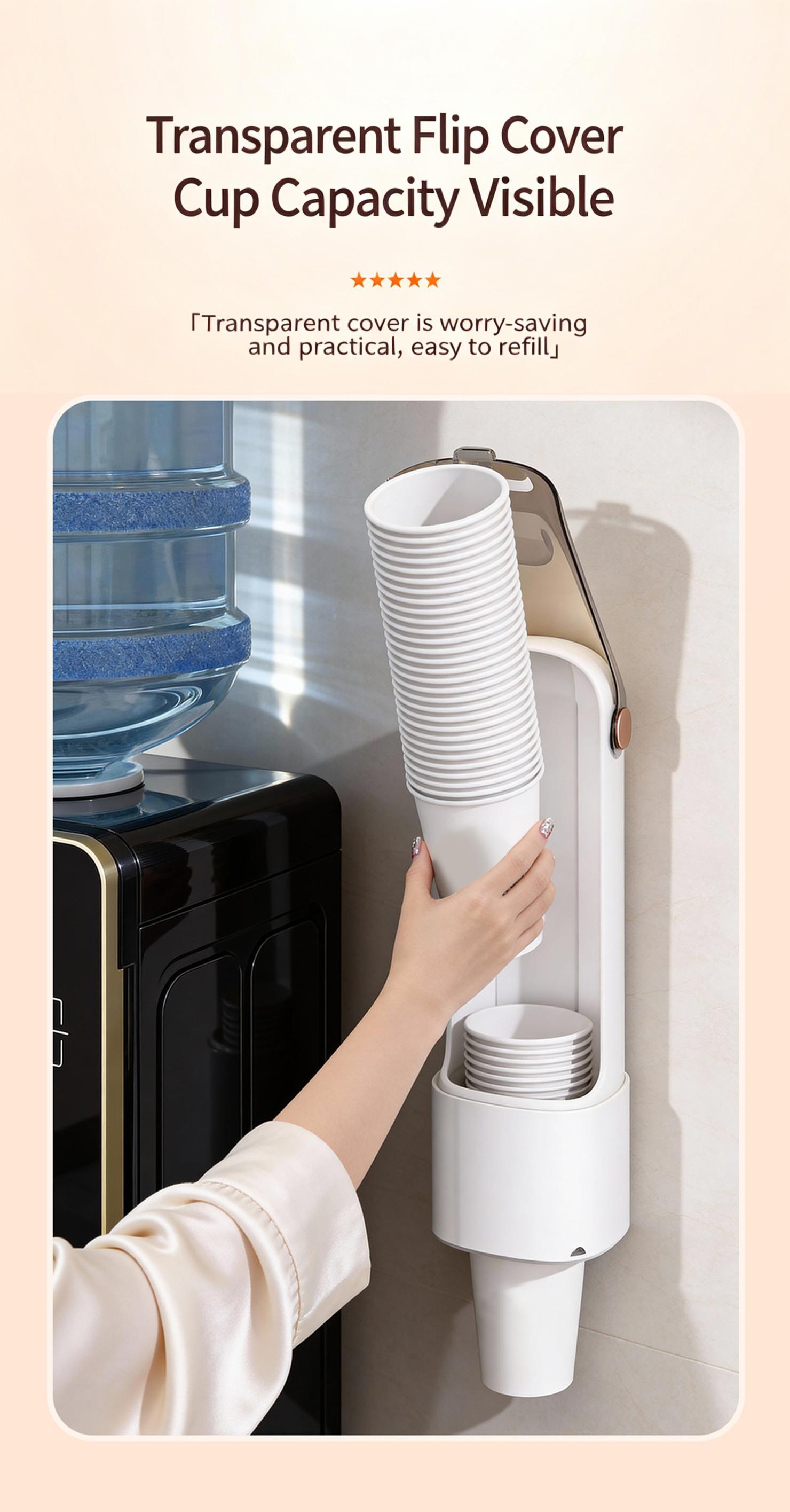 One-touch cup dispenser, automatic water dispenser, no-drill paper cup holder, dustproof kitchen storage rack, wall-mounted cup holder