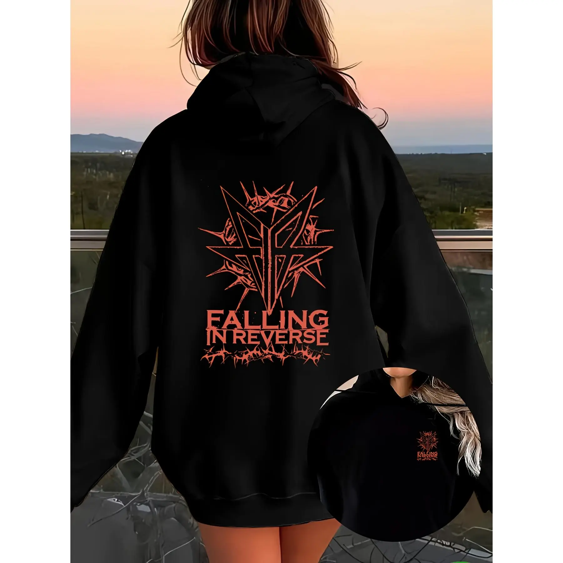 Falling In Reverse Black Hoodie with Bold Orange Graphic Design - Stylish Casual Wear for Women, Featuring Unique Angular Emblem and Logo - Perfect for Outdoor Events and Streetwear Fashion, Ideal for Sunset Adventures