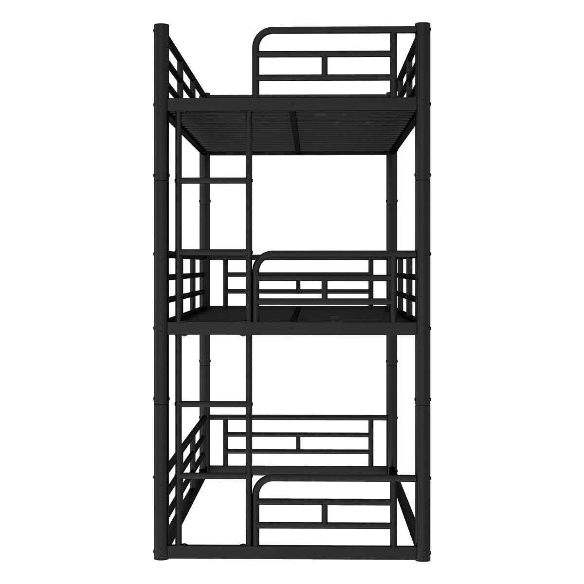 Twin/Queen Triple Bunk Bed, Metal Triple Bunk Bed with Safety Guardrails, Heavy-Duty Bunk Bed with Noise-Reduced Design – Black/White