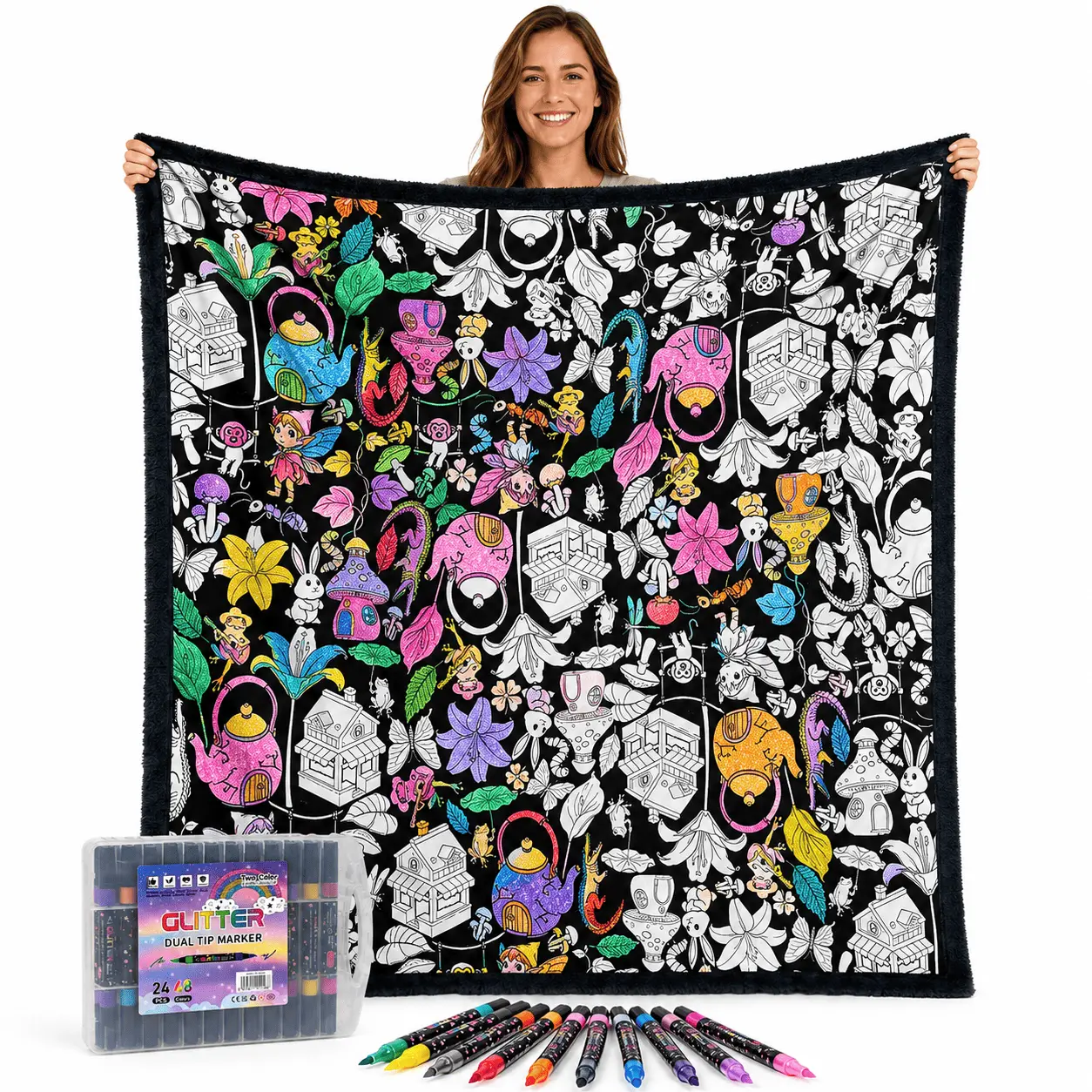 Kids' Complete Art Activity & DIY Drawing Kit with 24 Dual-Color Glitter Markers,150 ×127 cm Color  Your Own Soft Fleece Soft Fabric Canvas, Creative Gift for Kids Adults  Families Screen-Free Creative Activity Gift for All Ages