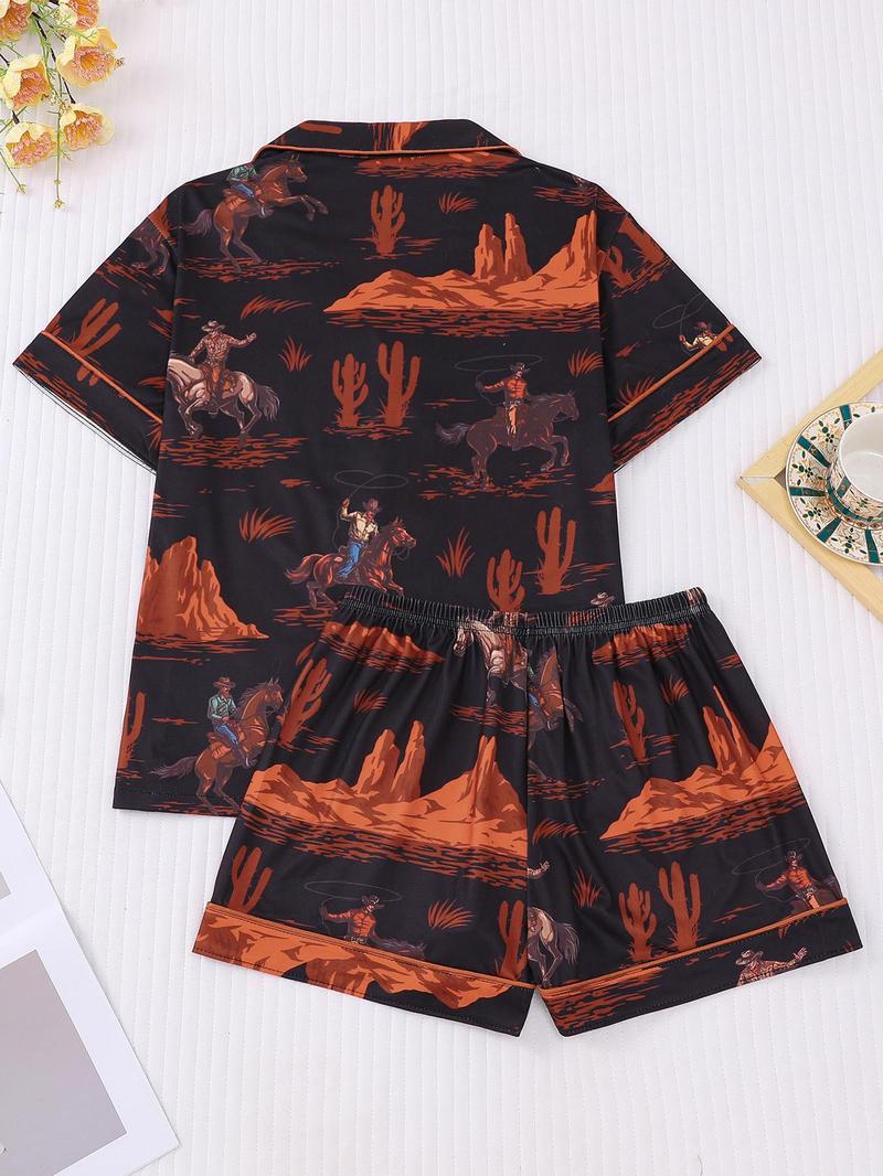 Women's All Over Cowboy Print Lapel Shirt & Shorts Pajama Two-piece Set, Casual Comfy Short Sleeve Top & Shorts PJ Set, Ladies Summer Sleepwear