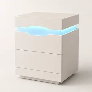 Bedside table with charging base, side table with LED lights, bedside table with socket and 2 USB ports, bedside table with 2 drawers and top storage space, 20 RGB color lights