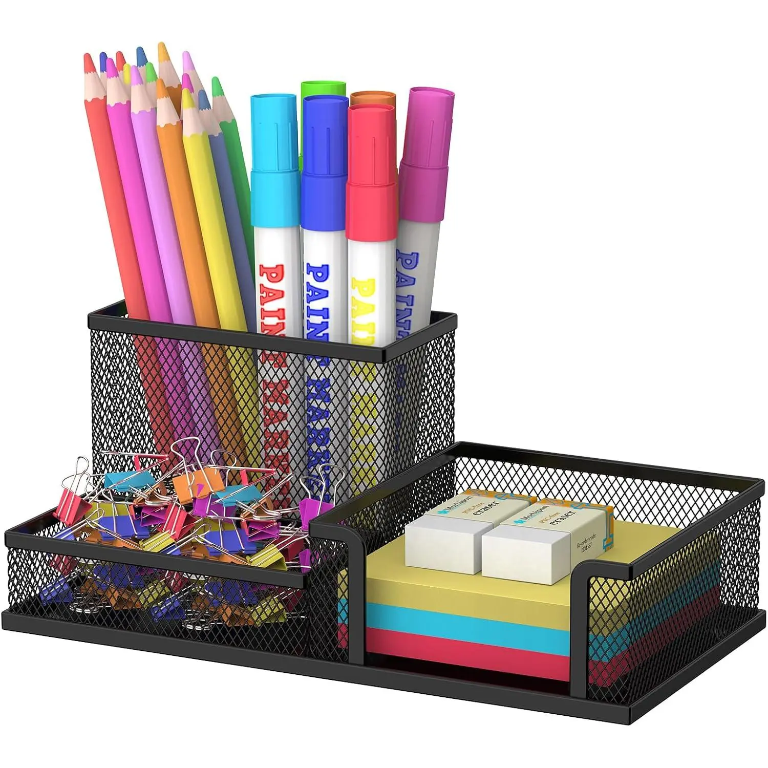 Pen Holder Desk Organizer, Office Supplies Pencil Holder with 3 Compartments, Desk Accessories and Workspace Organizers for Home School Classroom, Black