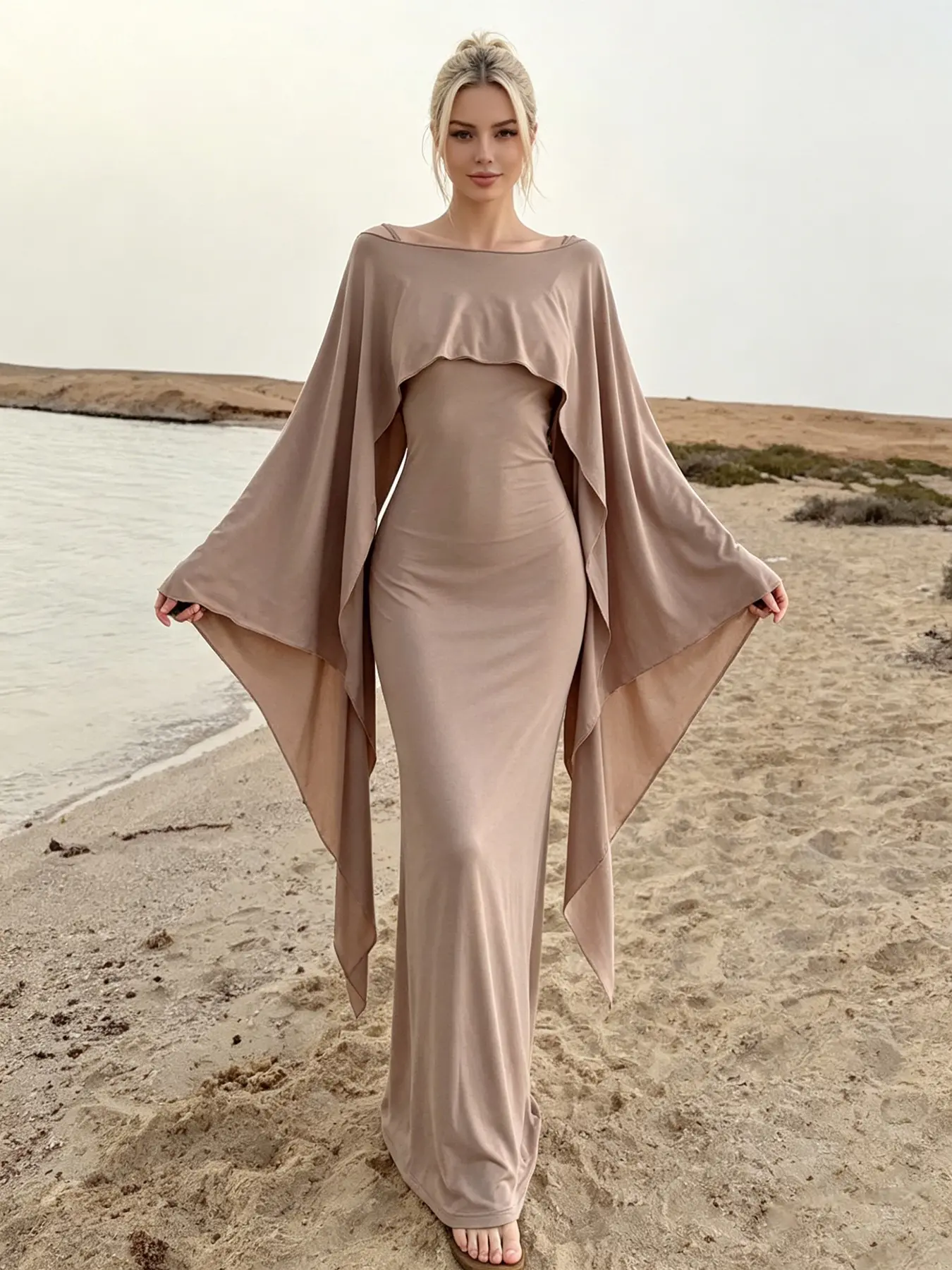 Coquette Bohemian Sexy Solid Two-Piece Maxi Dress Set, Off-Shoulder Flowy Shrug Cardigan + Back Tie Open Back Slim Bodycon Slip Maxi Dress, Elegant Women Outfit For Beach Vacation, Wedding Guests & Travel