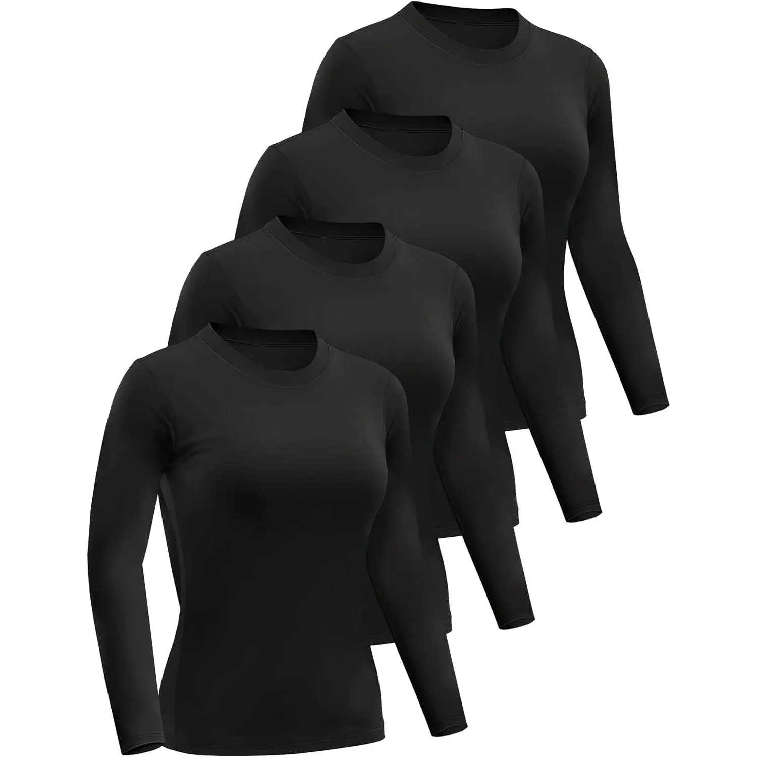 4 Pack Women’s Long Sleeve Basic Shirts Crew Neck Slim Fitted Compression Gym Workout Athletic Underscrubs Tops