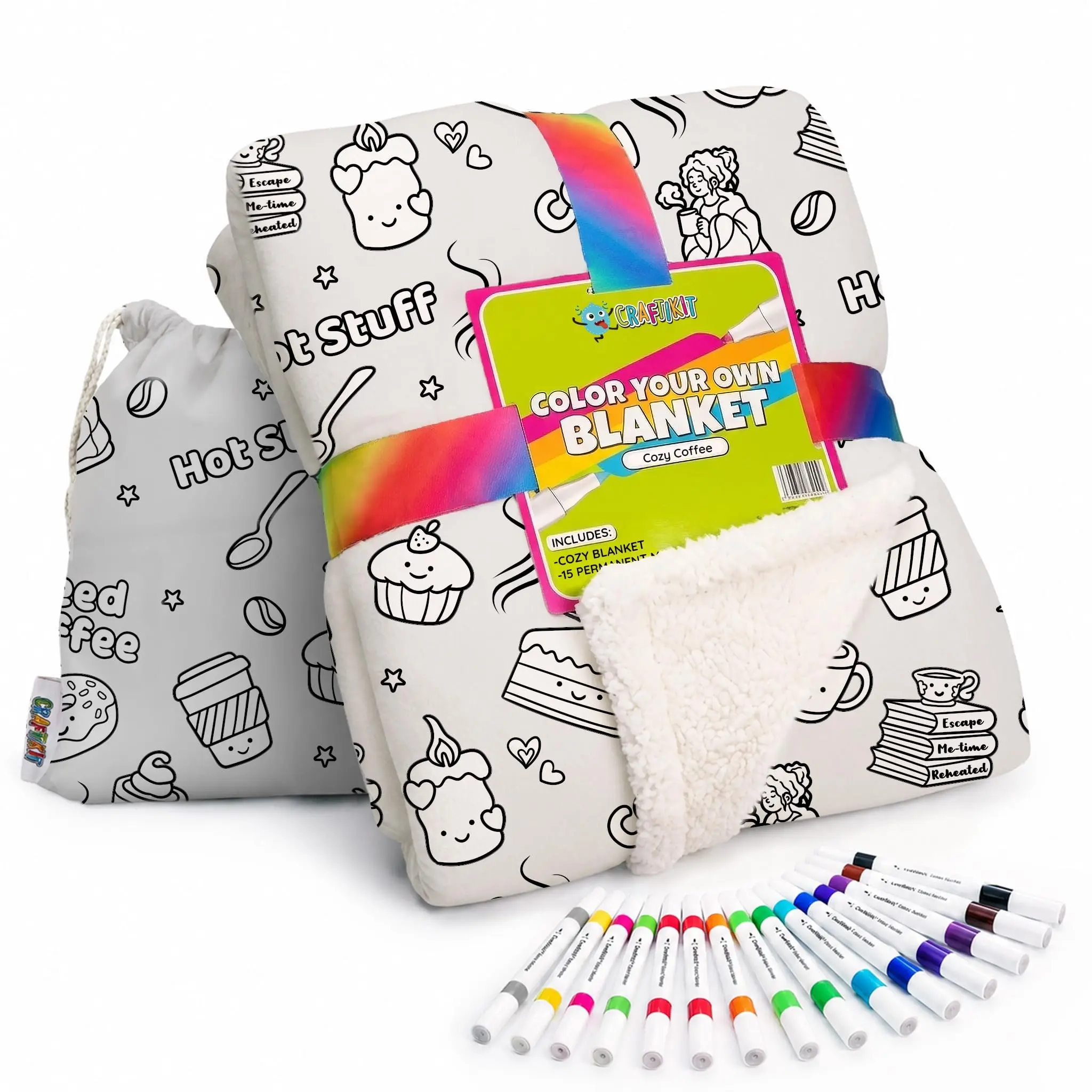 Adult Coffee Theme Coloring Blanket, Lamb Wool Blanket with 24 Markers, 50x60 Inches, Gift Packaged, Ages 3+