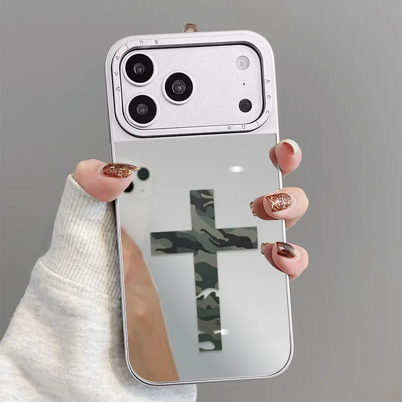 Luxury 2-in-1 Electroplated Glossy Mirror Silicone Cellphone Casing - Protector Cover for iPhone Series (17 Pro Max,16,15,14,13,12 Air Plus), Camouflage Cross Symbol Pattern, Silver Backplate, Anti-Drop Shockproof Durable Frame, Handheld Mobile Accessory