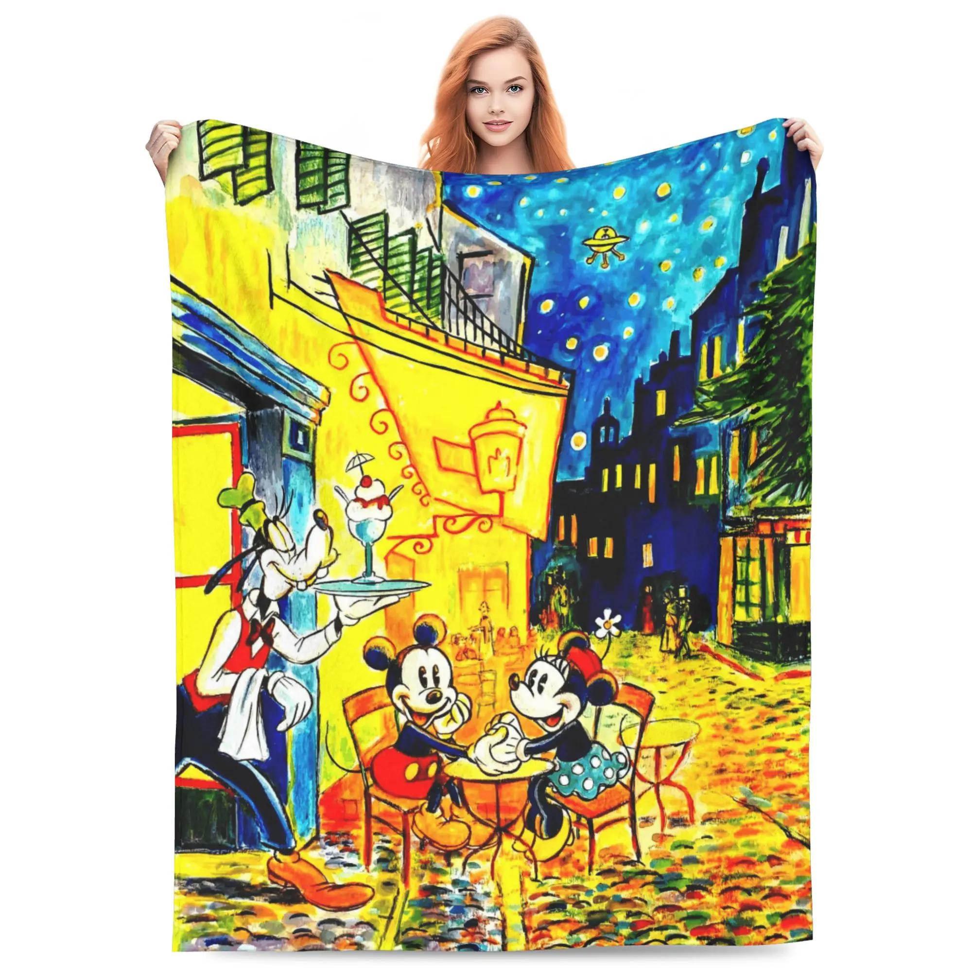 DISNEY Classic Cartoon Characters Throw Blanket - Mickey, Minnie, Goofy, Van Gogh Cafe Terrace & Starry Night Printed Fabric, Soft Flannel Lightweight Cozy Blanket for Sofa Bed, Indoor Use Whimsical Room Decor