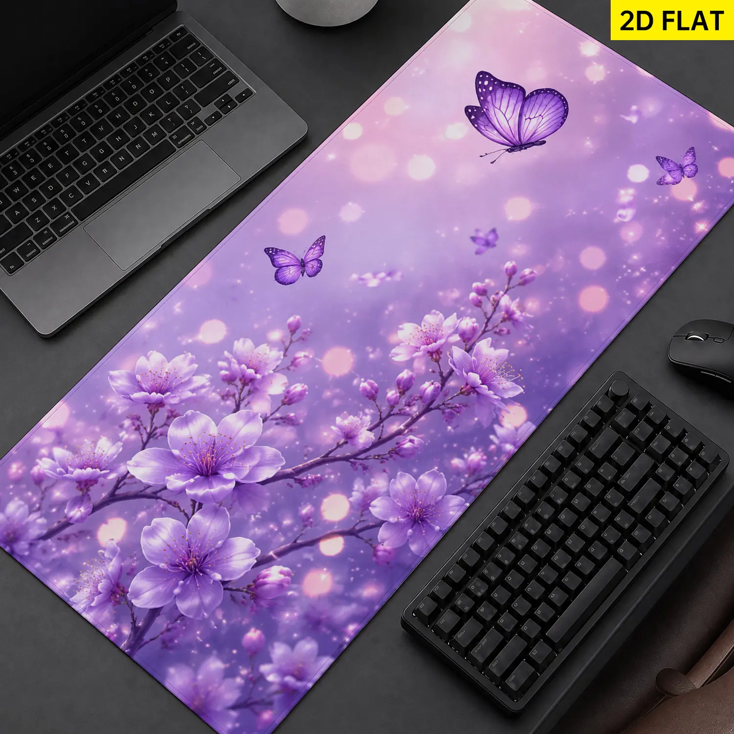 Extra Large Purple Cherry Blossom Butterfly Mouse Pad, Non Slip Rubber Pad, Desktop Decoration Drotection Pad, Washable, Lock Edge Multi Size, Premium Multipurpose Mousepad For Home, Office, Gift for Family and Friends