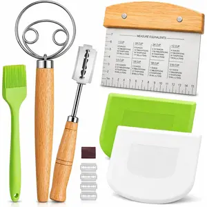 Sourdough Bread Baking Tool Set with Danish Dough Whisk, Bread Lame & Blades, Bench Scraper, Dough Scrapers and Silicone Brush – Sourdough Starter Kit