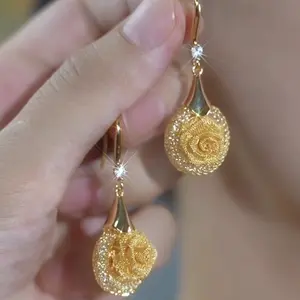 Gold Filigree Rose Drop Earrings for Women, Crystal Dangle Earrings, Elegant Luxury Jewelry Gift