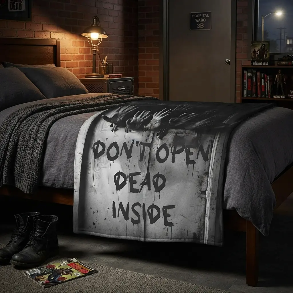 Zombie Door Horror Blanket, Black Gray Flannel Throw Blanket, Soft Cozy One-Sided Printed Blanket for Halloween Bedroom Couch Decor