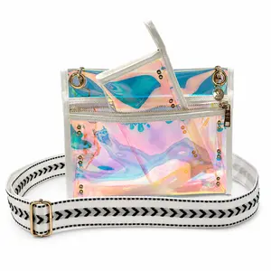 Iridescent Hologram Clear Crossbody Bag 2 Pack, Stadium Approved Transparent PVC Purse, Adjustable Strap, Concert Festival Handbag, Adjustable Crossbody Shoulder