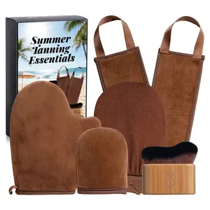 BS-MALL 5-Piece Self-Tanning Mitt & Applicator, Includes Large Velveteen Gloves, Mini Gloves, Back Applicator, Exfoliating Gloves, Face Brush,Suitable for Full-Body Tan, Sunscreen & Body Lotion Application