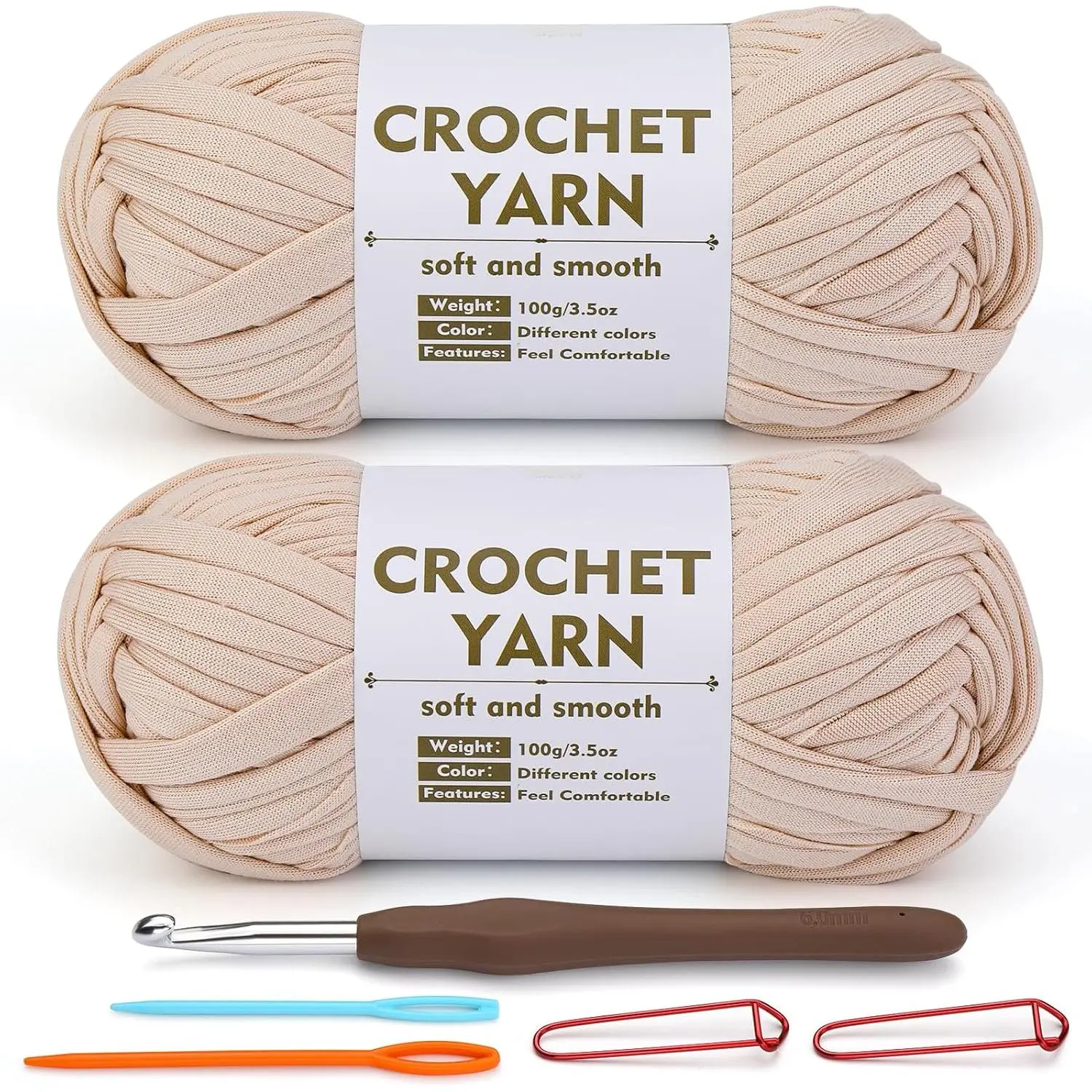 2 Pack T-Shirt Yarn Set, Beige Knitting Crochet T Shirt Yarn for Crochet Bag/Baskets with Crochet Hook, Elastic Thick Tshirt Yarn Kit for Crocheting, Ribbon  Yarn, Knitting Ball