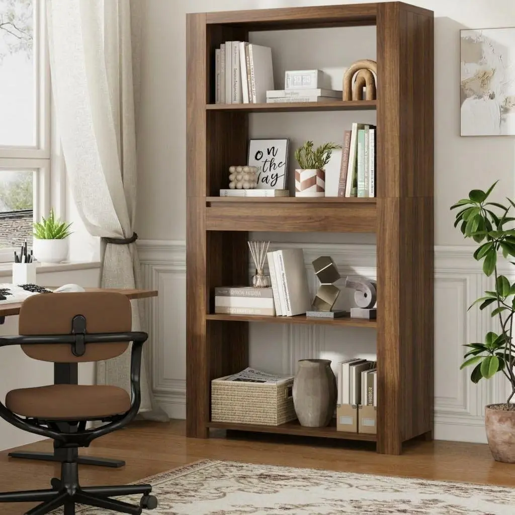 Vintage 72" Tall Office Bookshelf with Drawer - 4-Tier Heavy Duty Open Storage Shelf - Waterproof & Mark Resistant - Bookcase for Office, Living Room, Bedroom - Classic Gray