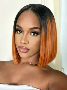 Summer Human Hair 4x4 Lace Colorful Bob Wig, 10 Inch Blunt Cut Short Straight Wig, Pre Plucked Natural Hairline, Lightweight Wearable Style For Women Daily Fashion