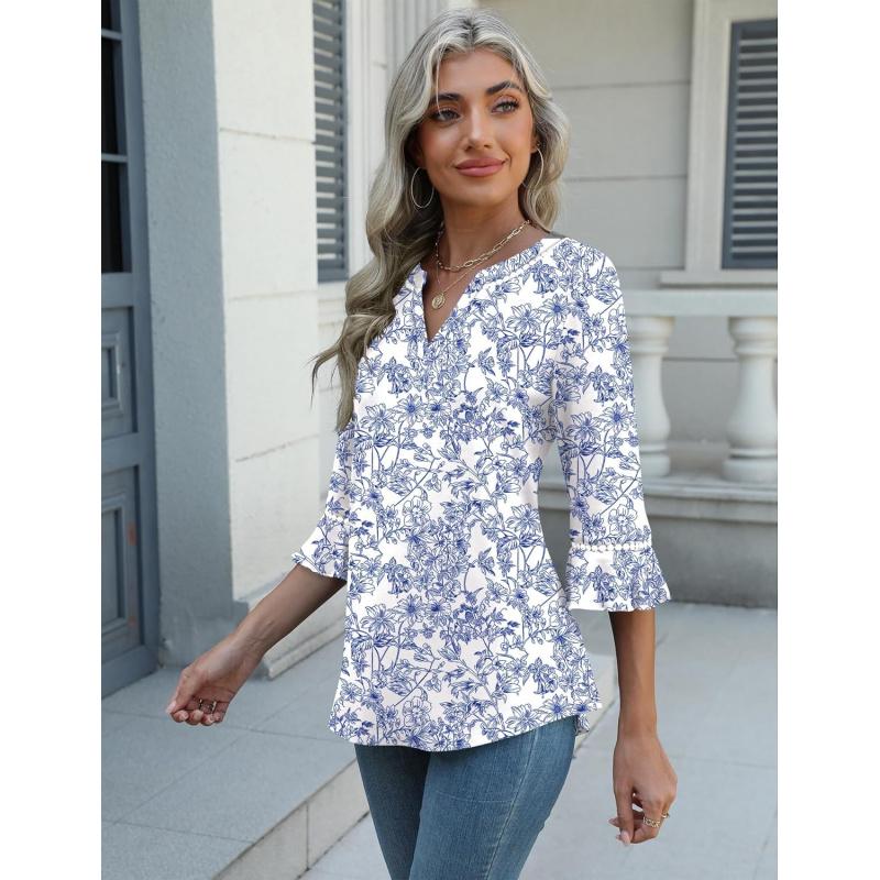 3/4 Length Sleeve Womens Tops Summer Ruffle Sleeve Blouses V-Neck Lace T-Shirts Dressy Casual