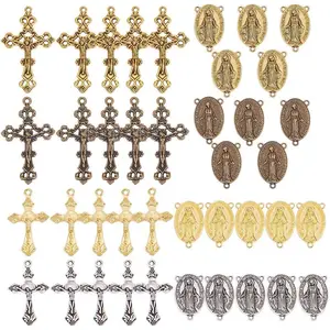 SUNNYCLUE Tibetan Style Rosary Cross Charms and Center Miraculous Medal Easter Vintage Cross Crucifix Pendants Oval Chandelier Links Bronze Connector Charm for Rosary Bead Necklace Making Supplies