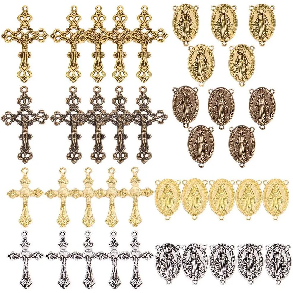 DIY-Friendly Rosary Making Kit - 40pcs Vintage Finish Tibetan Style Christian Cross Charms, Crucifix Pendants, Centerpiece Connectors, 1mm/2mm/4mm Oval Chandelier Elements, Golden Easter Holiday Jewelry Supplies