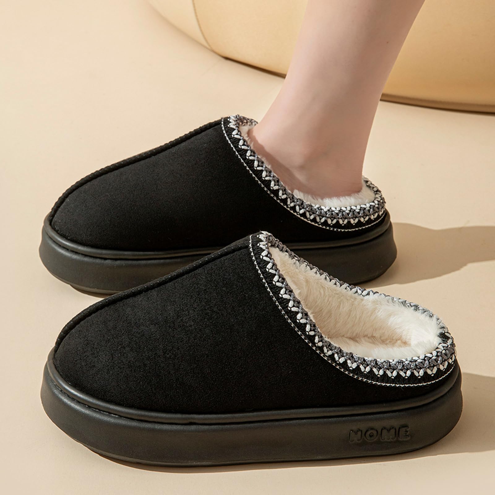 Women's Fluffy Winter Slippers Soft And Warm Durable Upper Indoor Outdoor Anti-slip EVA Sole Easy To Wear Black Suede Footwear