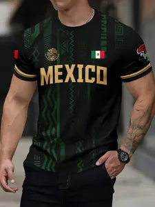 Men's Mexican Aztec Geometric Print T-Shirt, Patriotic Mexico Flag Top, Casual Round Neck Short Sleeve Streetwear, Breathable Summer Shirt