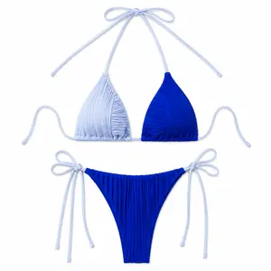 Women's Ribbed Two Tone Blue Halter Triangle Bikini Set, Side Tie Cheeky Two Piece Bathing Suit, Textured Stretch Swimwear for Beach Pool Summer Vacation Resort Swim Outfit