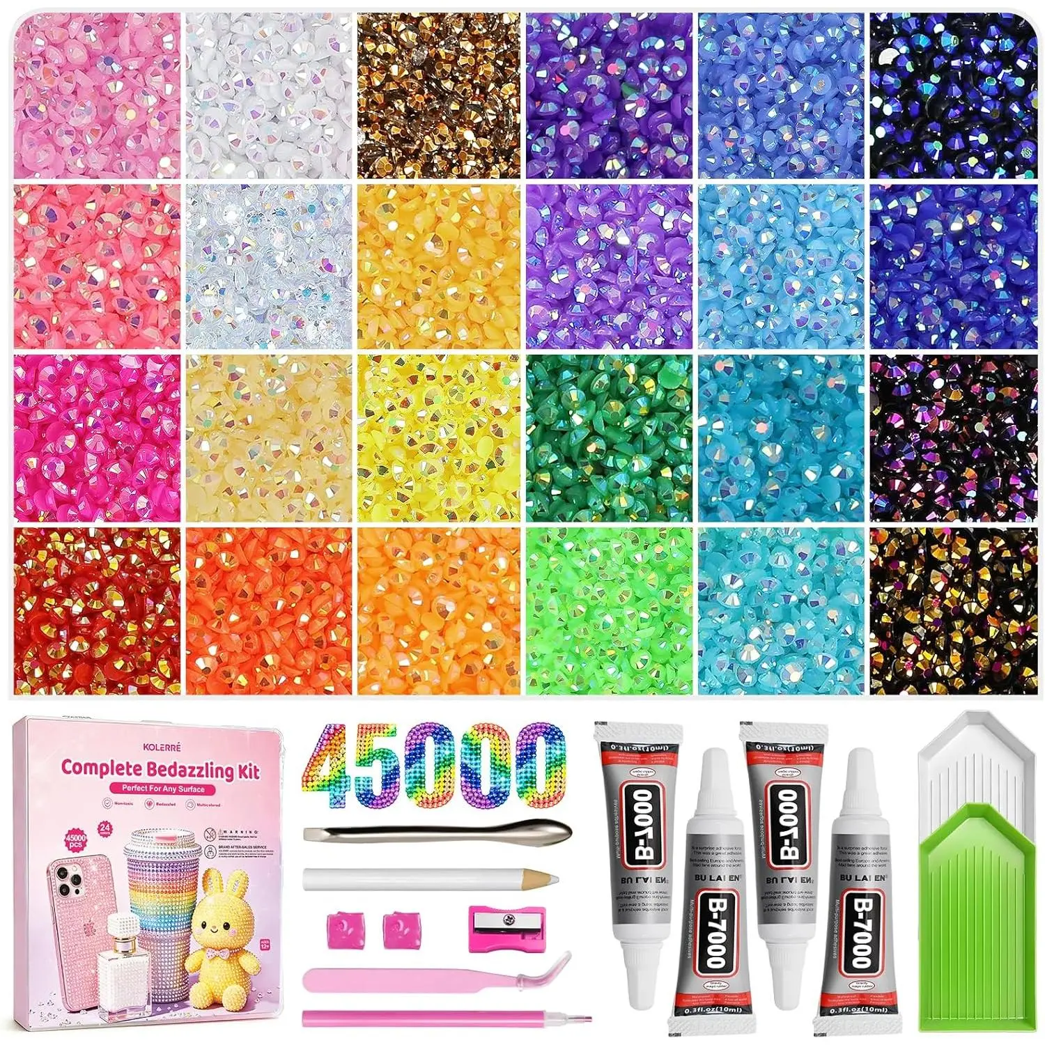 45000Pcs Rhinestones for Bedazzling Kit, 3mm Multicolor Flatback Gems, All-in-one Bedazzler Kit with 40ml Jewelry Glue and Complete Tools, Bedazzler Kit with Rhinestones for DIY Crafts