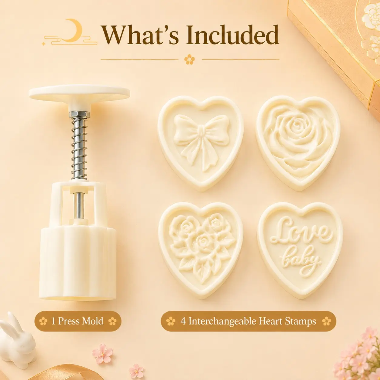 Heart Shape Mooncake Mold Set, Mid-Autumn Festival DIY Hand Press Cookie Stamp Baking Tool, 1 Mold 4 Stamps 50g, Bean Cake Mould