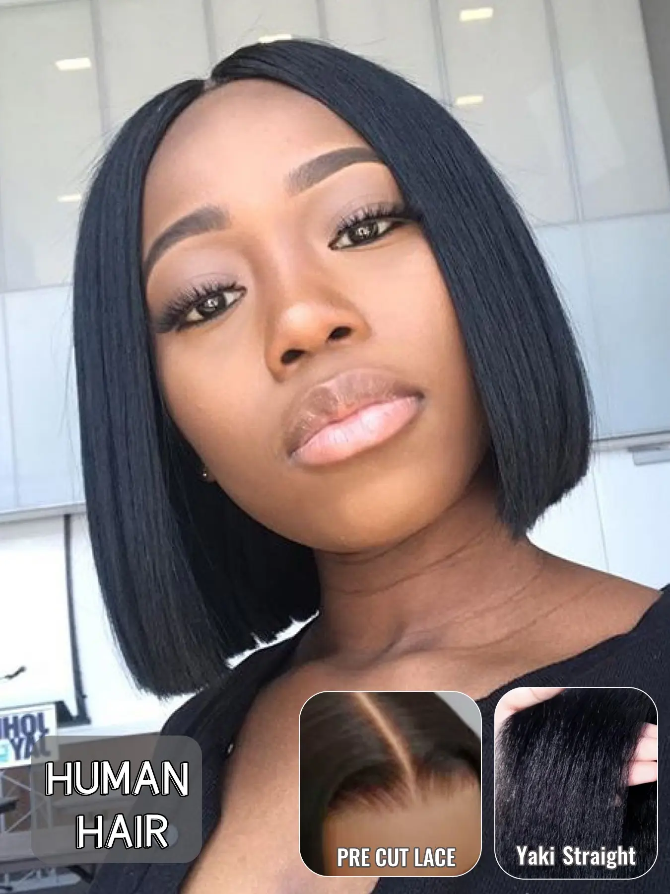 Human Hair Yaki Straight Bob Wig, 10 Inch Everyday Bob Style with 4x4 Lace Closure, Middle Part Layout, Soft Relaxed Texture, Easy to Personalize for Office, Weekend and Casual Looks for Women