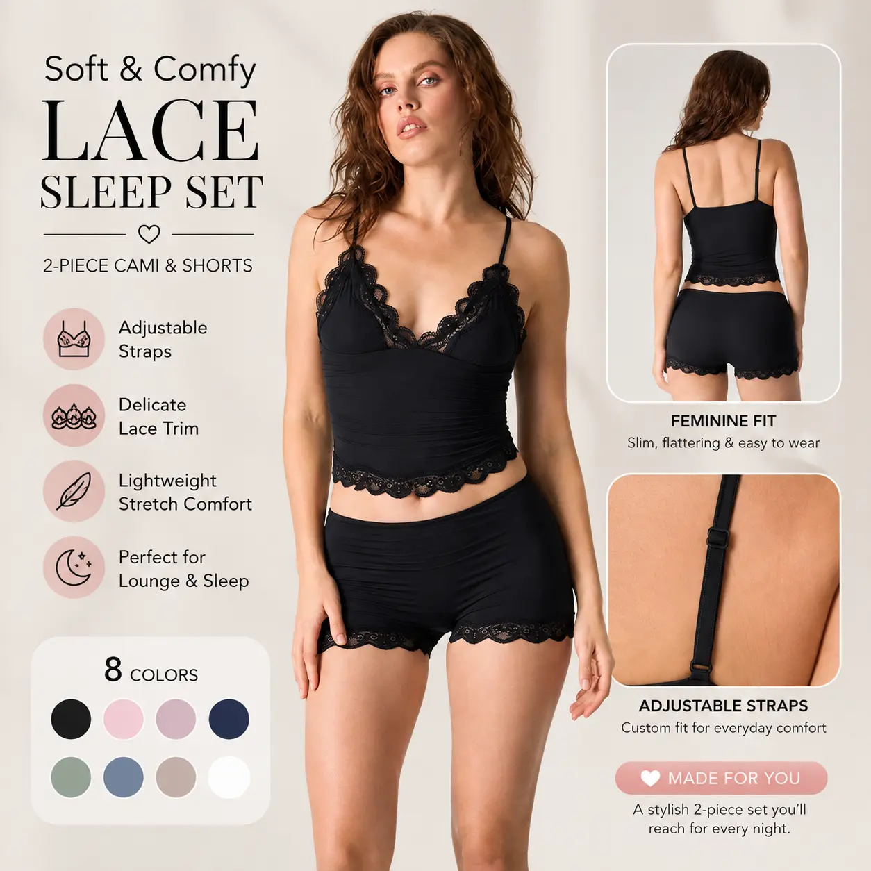 Rise Active Women’s 2-Piece Lacy Sleeveless Pajama Set - Adjustable Spaghetti Straps Cami Top, 3D Lace Trim Shorts, Soft Sports Loungewear, Multi-Size American/EU PJ Sets for Women