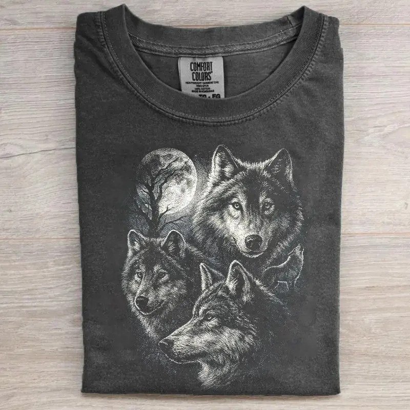 Women's Retro Vintage Washed Dark Grey Short-Sleeve Graphic T-Shirt - Soft Cotton, Loose Fit, Wolf & Full Moon Print, Cargo-Leather Pants Accent - for Nature Lovers, Outdoor Daily Wear