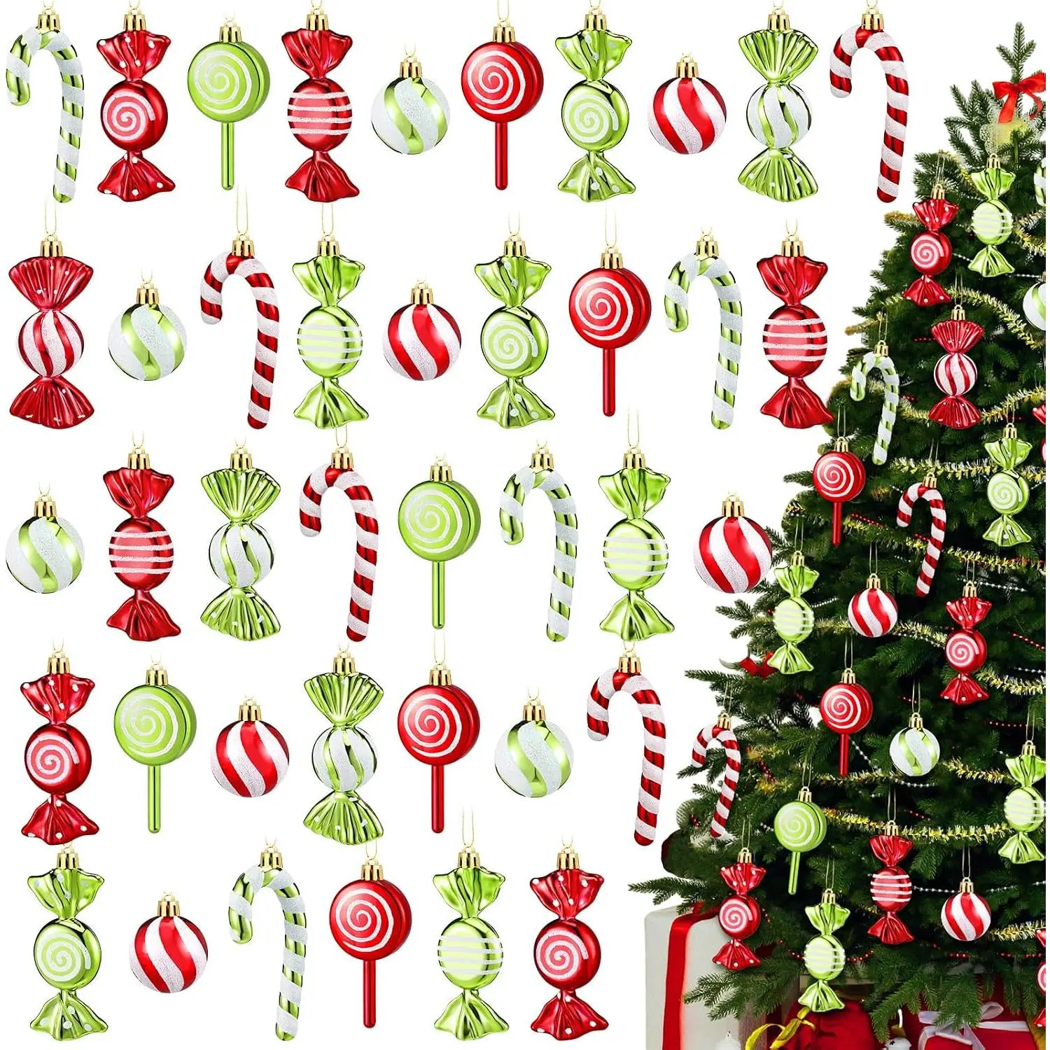 30 count Christmas Candy Cane  Ornaments Set,Red Green White | 6 Candy Styles with Peppermint and Wrapped Shapes, Lightweight Plastic  Decor with Cords for Holiday Xmas Tree Party
