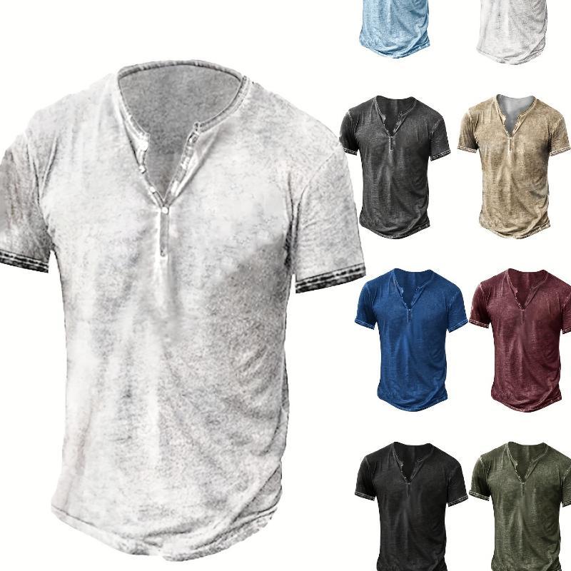 Men's Distressed Henley Shirt - Slim Fit Short Sleeve Button-Up Cotton T-Shirt with V-Neck & Placket Detailing, Machine Washable Casual Shirt in Olive Green, Black, Blue, Burgundy, Sporty Apparel| Athletic Style| Comfortable Tee