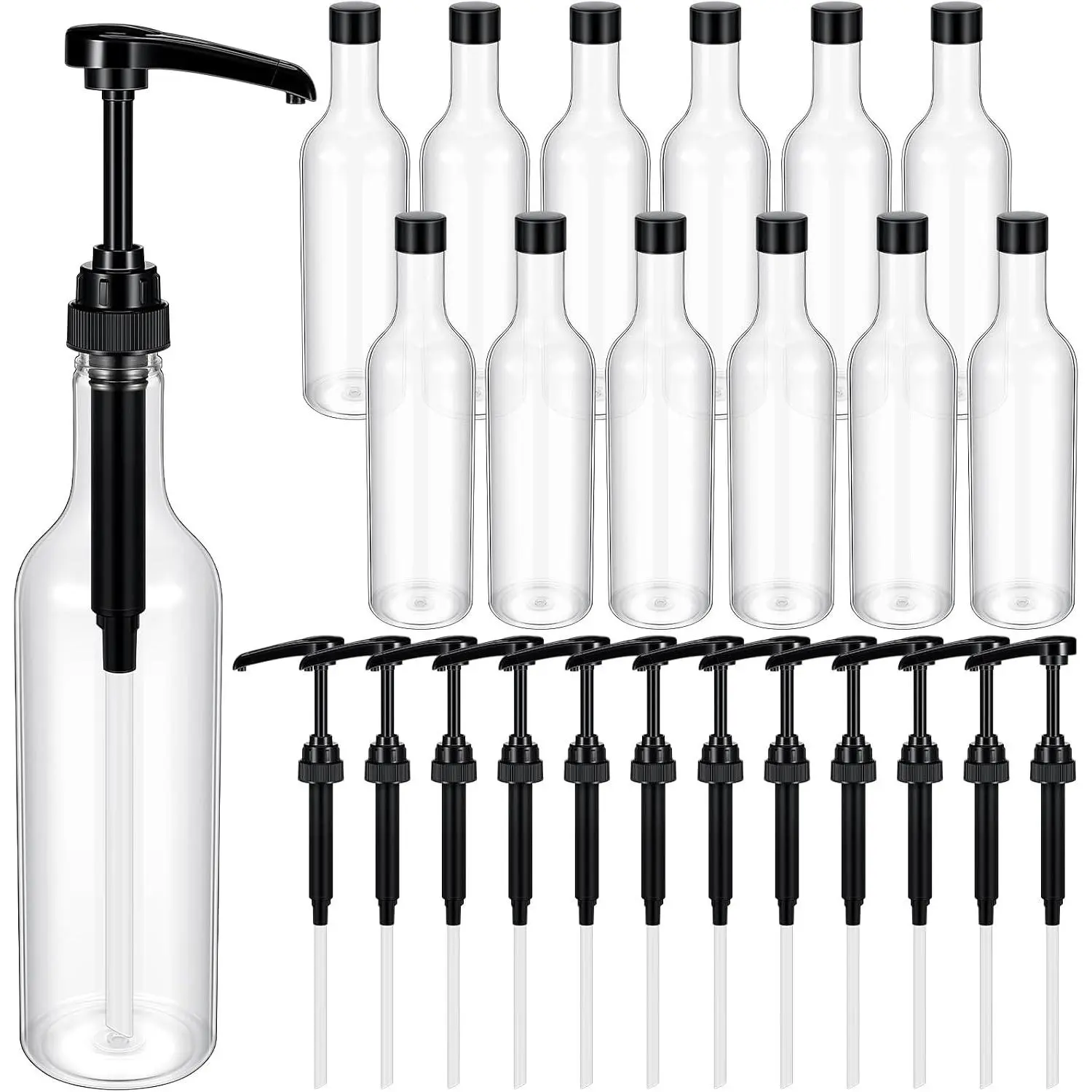 12 Pcs 25 oz Syrup Bottles with Pump Long Neck Bottles Plastic Syrup Pump Dispenser for Coffee Bar Accessories Home Party (Black)