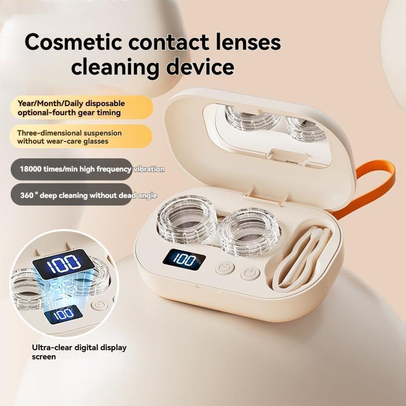 1PC Ultrasonic Rechargeable Contact Lens Cleaner with Vanity Mirror - Portable Case for Hard & Soft Lenses, 2 Cleaning Modes, Daily Deep Cleaning for Travel, Sports, Office, and Home Use